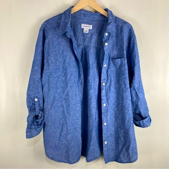 Liz Claiborne Linen Cotton Blend Coastal Button Up Down Shirt Top Blouse Blue XL - Picture 1 of 5